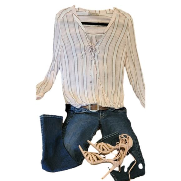 Vintage American Open Front Top Pale Pink Striped Size M - Picture 4 of 7